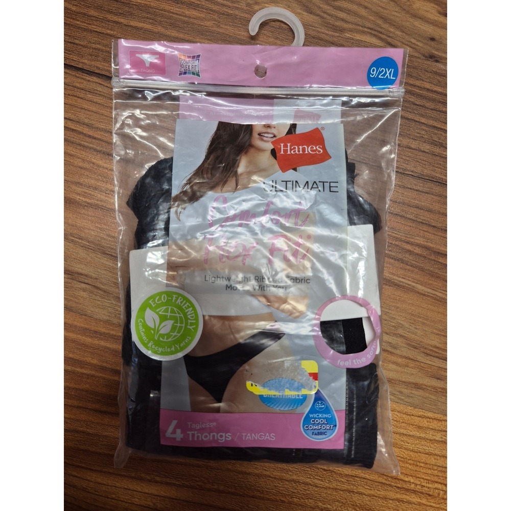 Hanes Ultimate Comfort Flex Fit Thong Panties 3 Pack Black Womens 2XL/9 7680